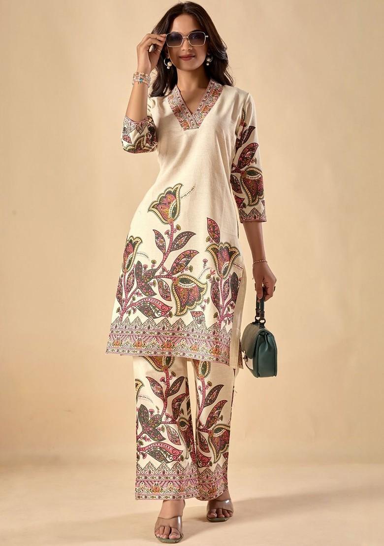 Cream Embroidered Poly Blended Kurta Sets - Indya