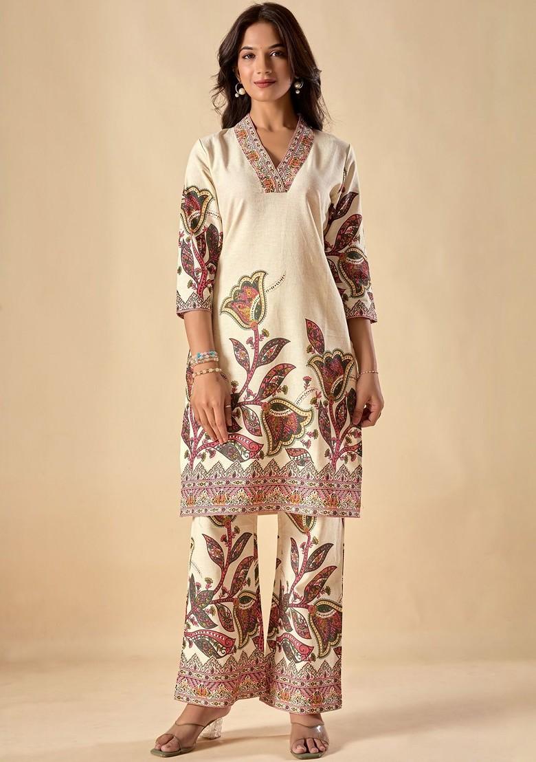 Cream Embroidered Poly Blended Kurta Sets - Indya