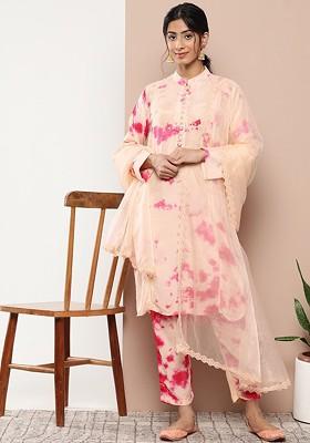 Peach Embroidered Poly Blended Kurta Sets