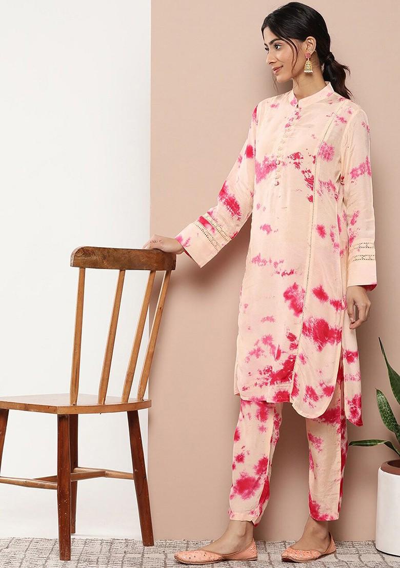 Peach Embroidered Poly Blended Kurta Sets - Indya