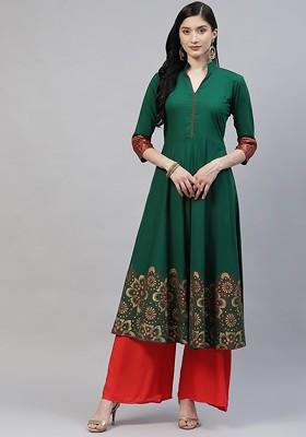 Green Embroidered Poly Blended Kurtas