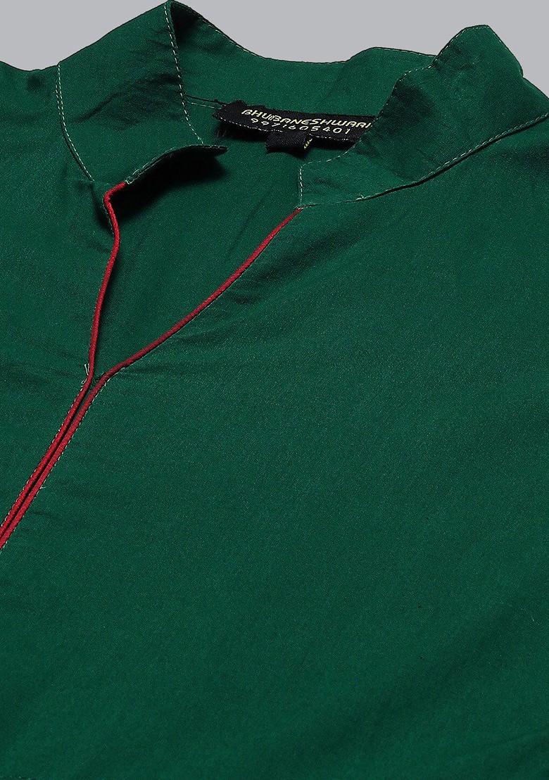 Green Embroidered Poly Blended Kurtas - Indya