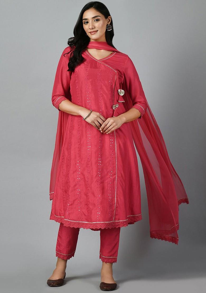 Magenta Embroidered Poly Blended Kurta Sets - Indya