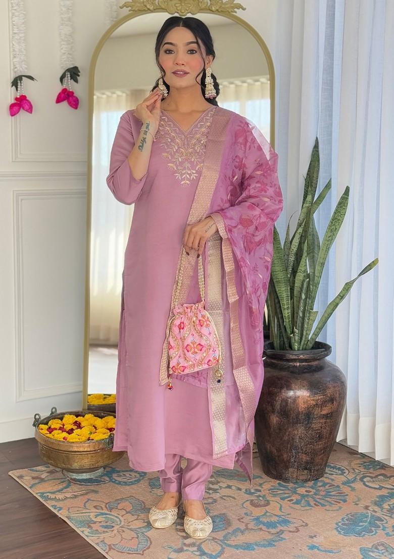 Peach Embroidered Poly Blended Kurta Sets