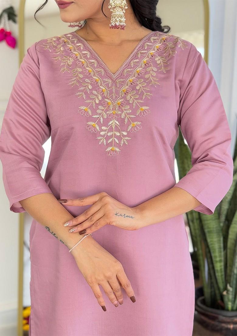 Peach Embroidered Poly Blended Kurta Sets