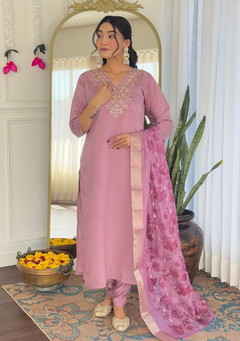 Peach Embroidered Poly Blended Kurta Sets - Indya