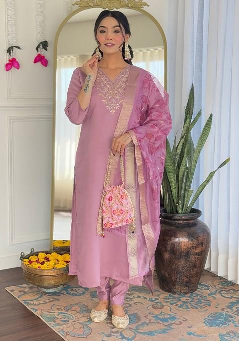 Peach Embroidered Poly Blended Kurta Sets
