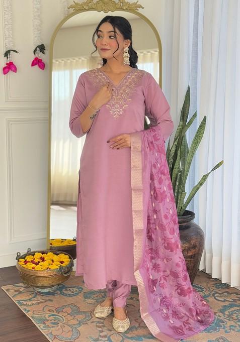 Peach Embroidered Poly Blended Kurta Sets