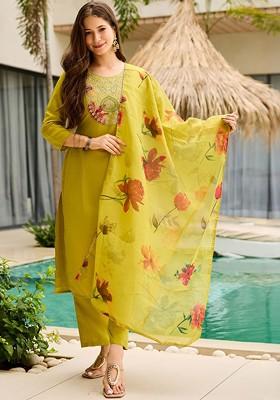 Lime Green Embroidered Poly Blended Kurta Sets