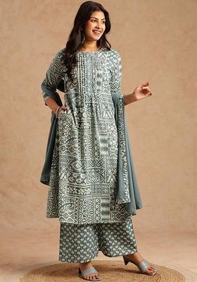 Teal Embroidered Poly Blended Kurta Sets