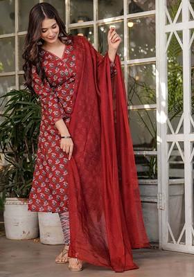 Rust Embroidered Poly Blended Kurta Sets