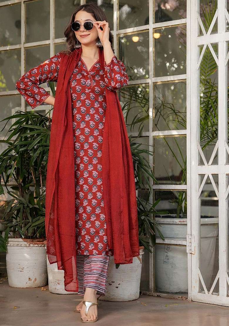 Rust Embroidered Poly Blended Kurta Sets - Indya