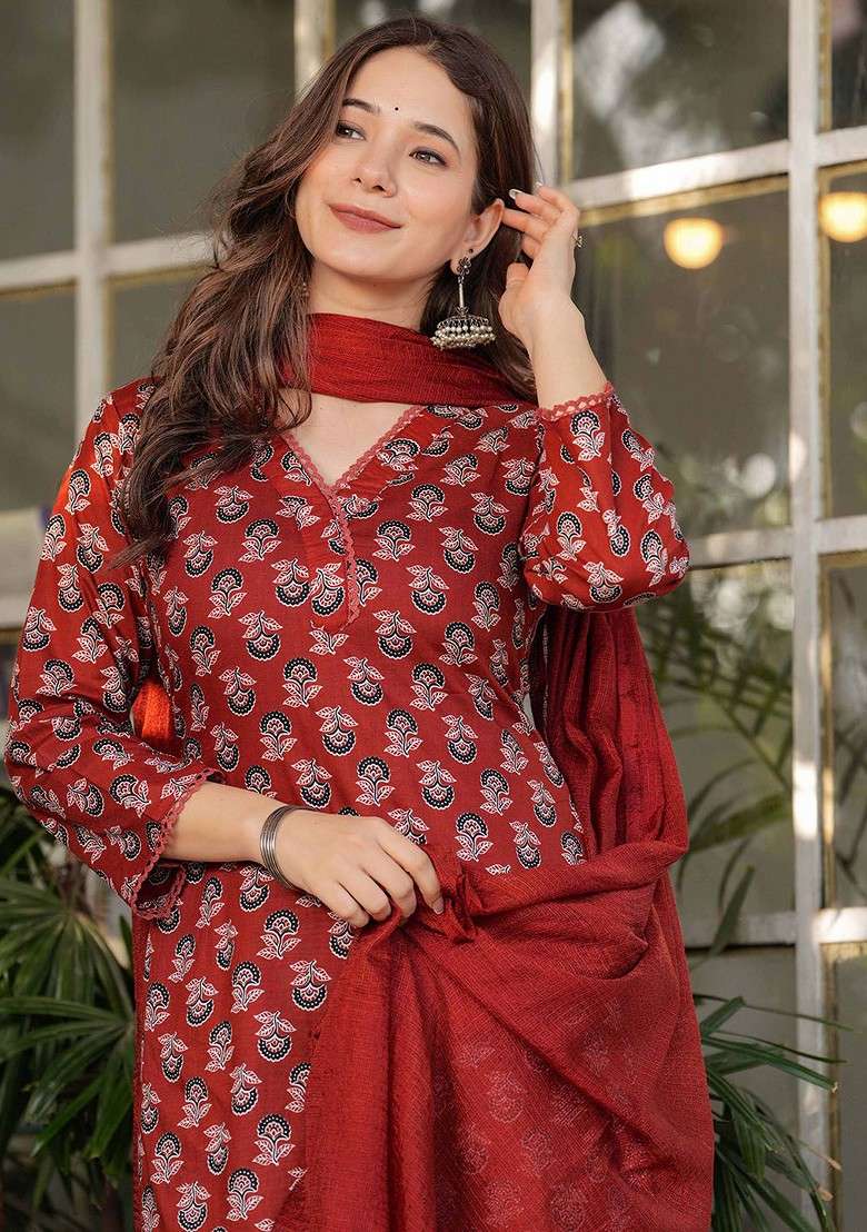 Rust Embroidered Poly Blended Kurta Sets - Indya