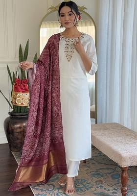 Off White Embroidered Poly Blended Kurta Sets