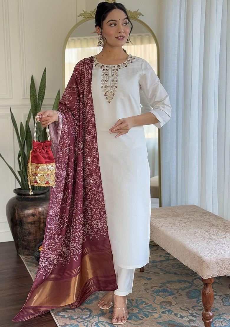 Off White Embroidered Poly Blended Kurta Sets - Indya