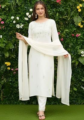 Off White Embroidered Poly Blended Kurta Sets