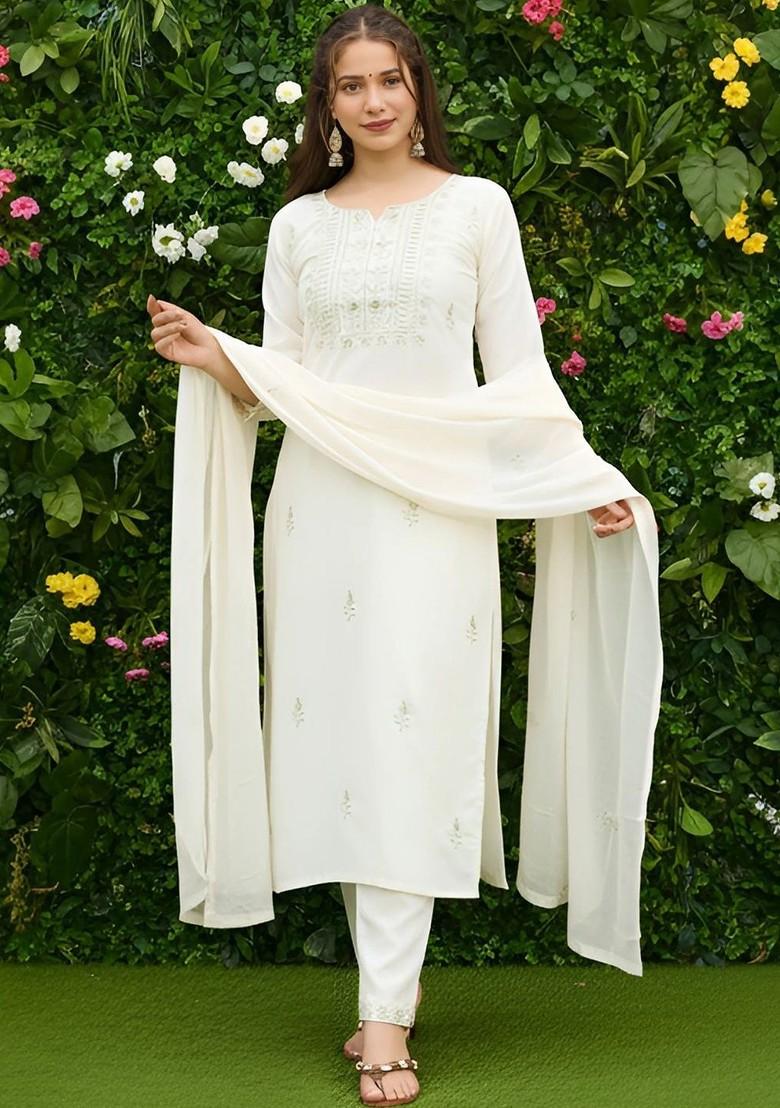Off White Embroidered Poly Blended Kurta Sets