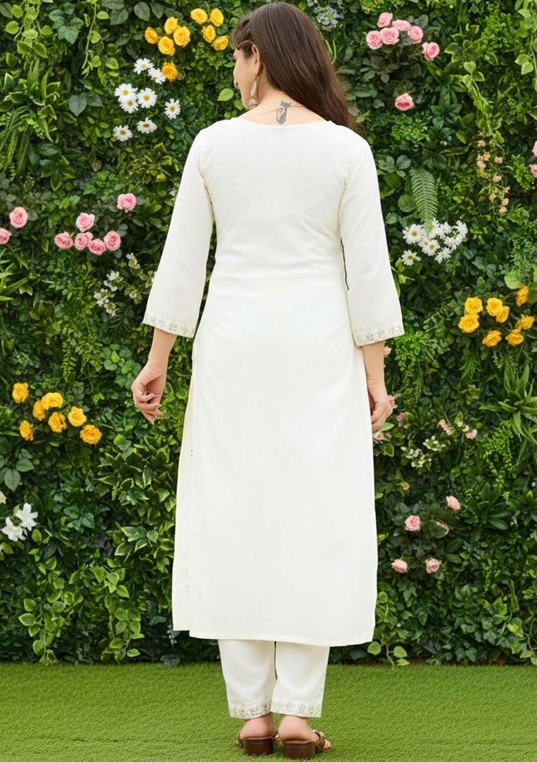 Off White Embroidered Poly Blended Kurta Sets