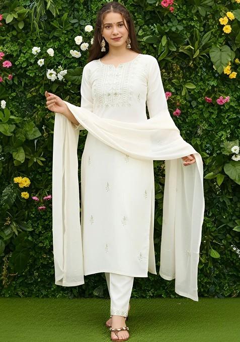 Off White Embroidered Poly Blended Kurta Sets