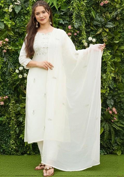 Off White Embroidered Poly Blended Kurta Sets