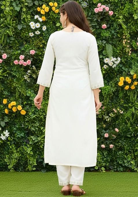 Off White Embroidered Poly Blended Kurta Sets