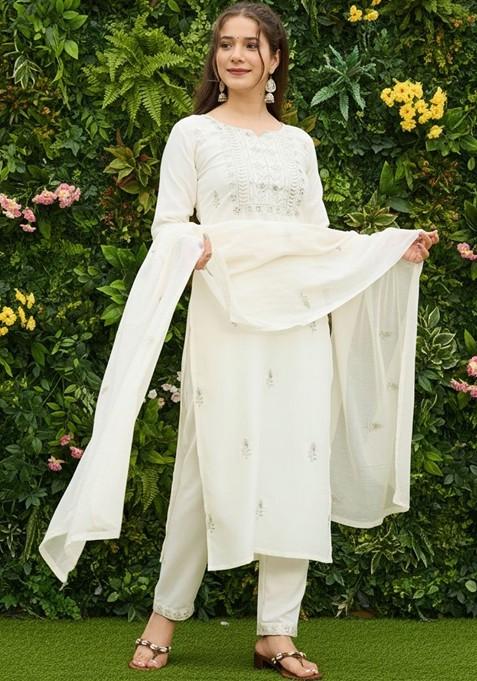 Off White Embroidered Poly Blended Kurta Sets