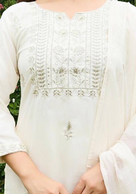 Off White Embroidered Poly Blended Kurta Sets