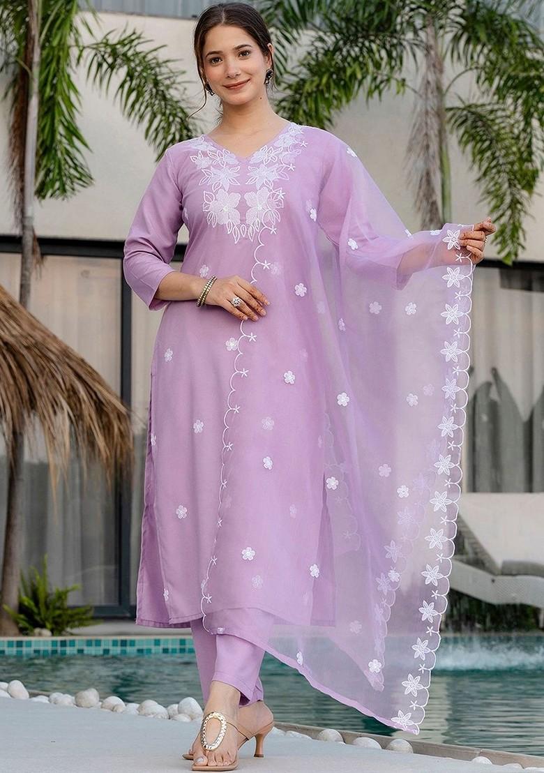 Lavender Embroidered Poly Blended Kurta Sets - Indya