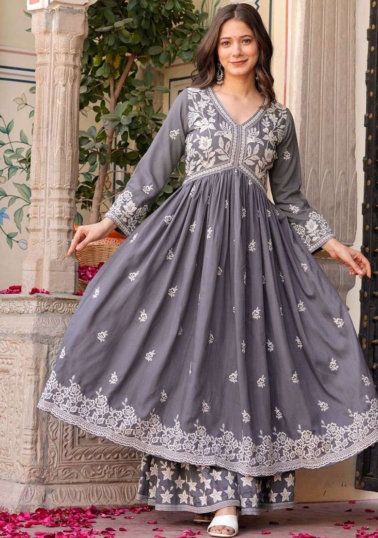 Grey Embroidered Poly Blended Kurta Sets - Indya