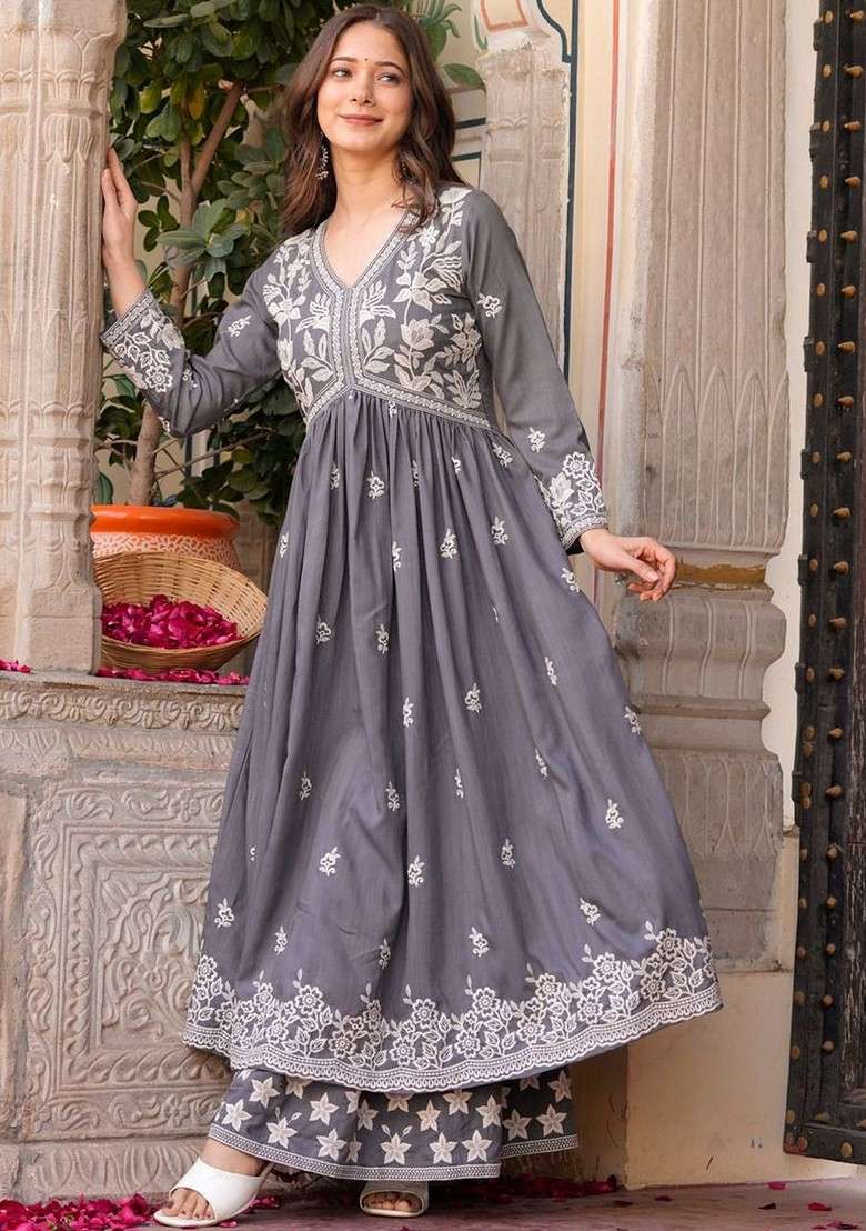 Grey Embroidered Poly Blended Kurta Sets - Indya