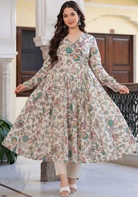 Off White Embroidered Poly Blended Kurta Sets