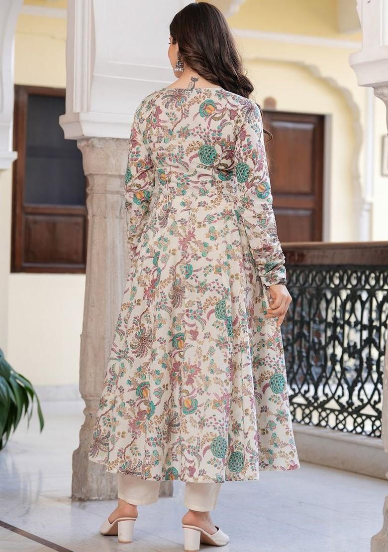 Off White Embroidered Poly Blended Kurta Sets