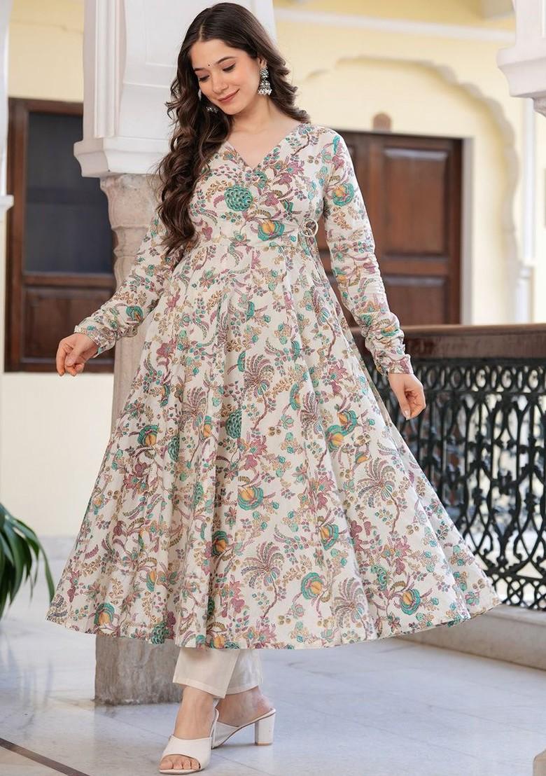 Off White Embroidered Poly Blended Kurta Sets