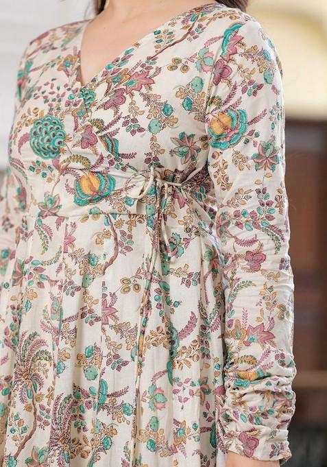 Off White Embroidered Poly Blended Kurta Sets