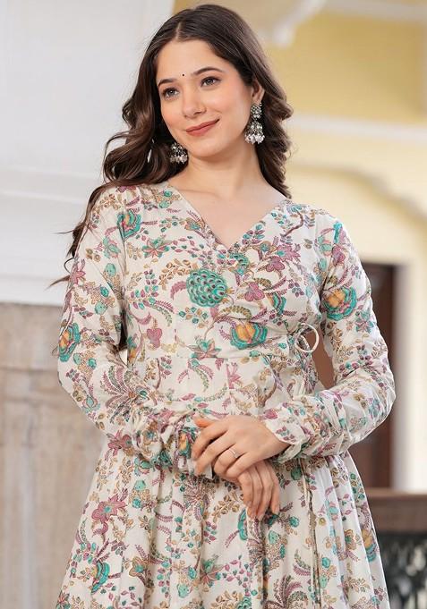 Off White Embroidered Poly Blended Kurta Sets