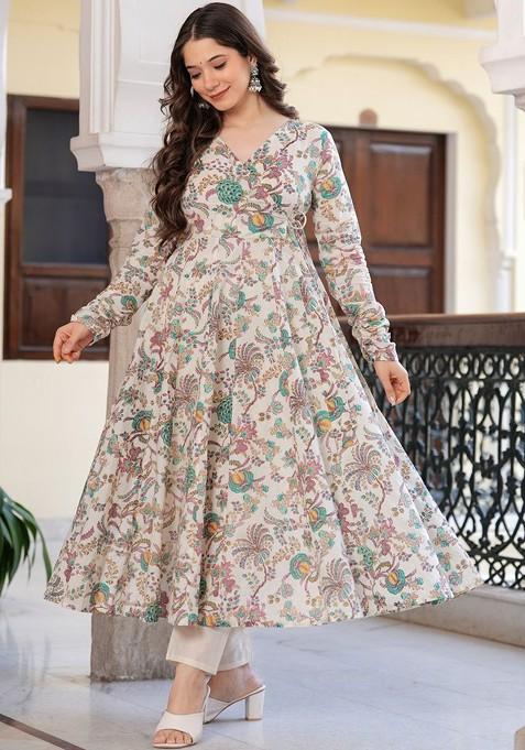 Off White Embroidered Poly Blended Kurta Sets