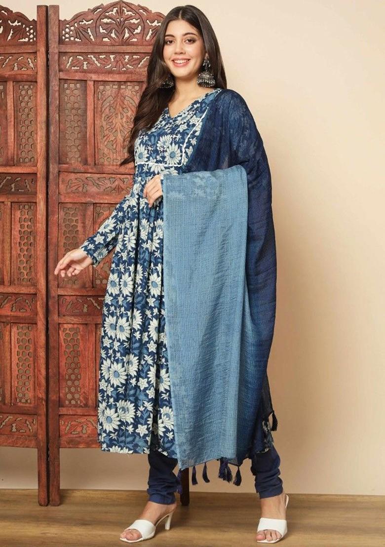 Blue Embroidered Poly Blended Kurta Sets - Indya