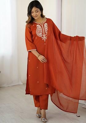 Rust Embroidered Poly Blended Kurta Sets