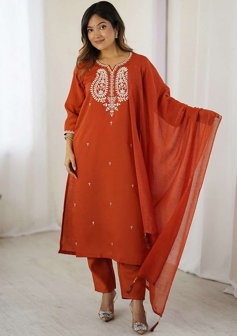 Rust Embroidered Poly Blended Kurta Sets - Indya