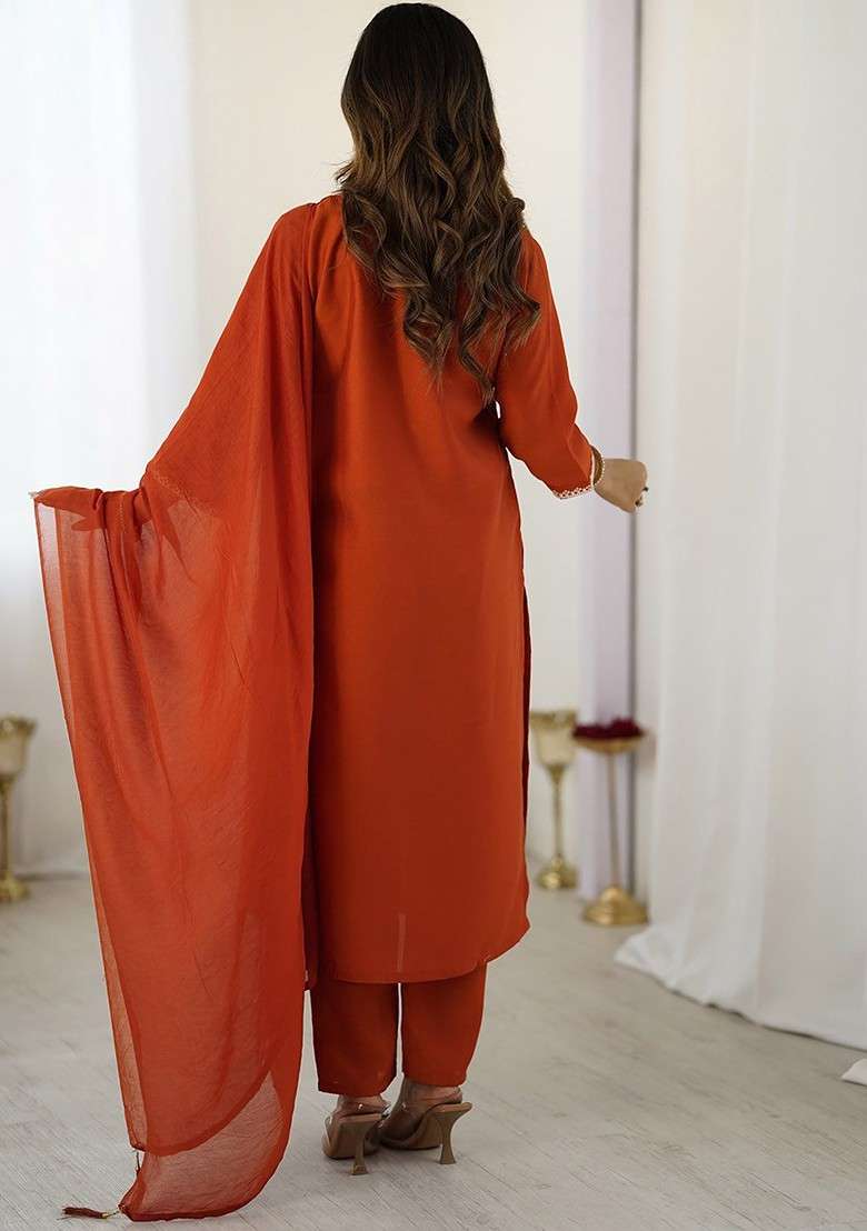 Rust Embroidered Poly Blended Kurta Sets - Indya