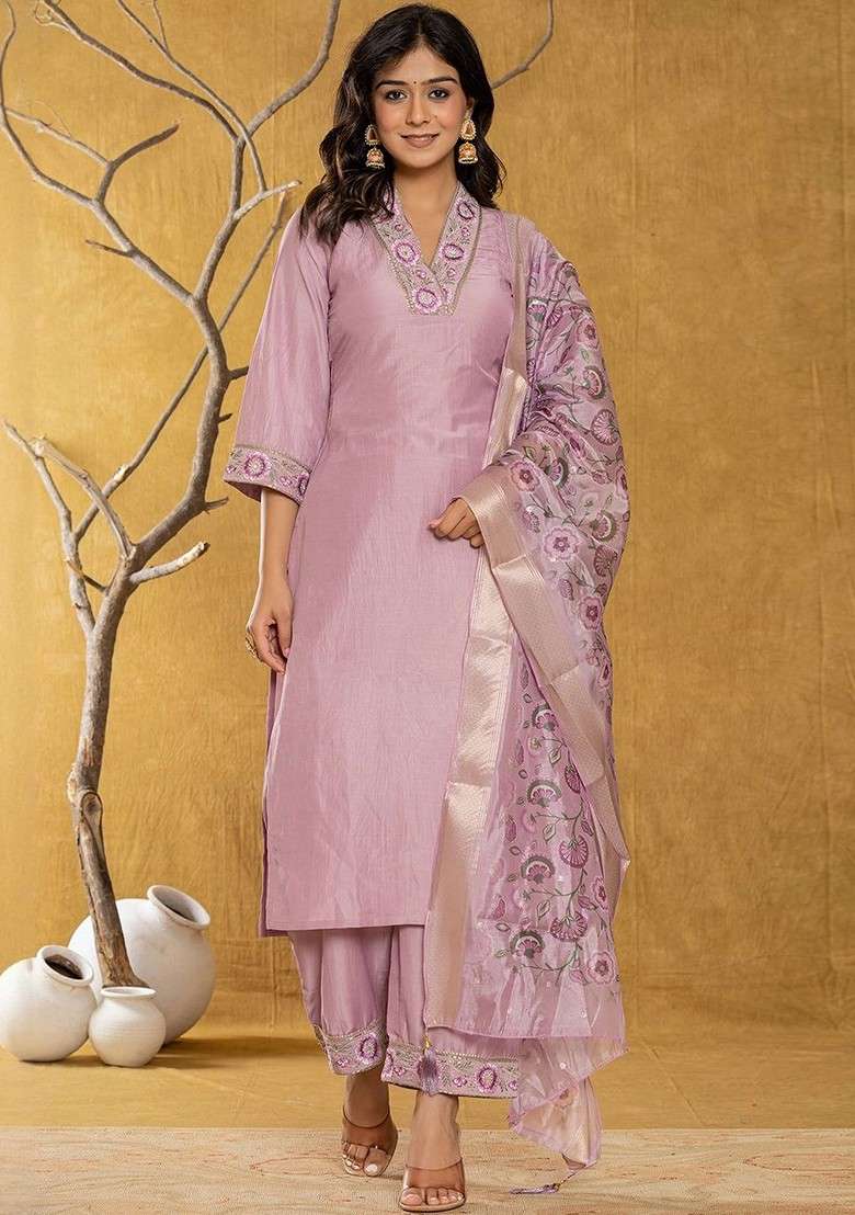 Lavender Embroidered Poly Blended Kurta Sets - Indya