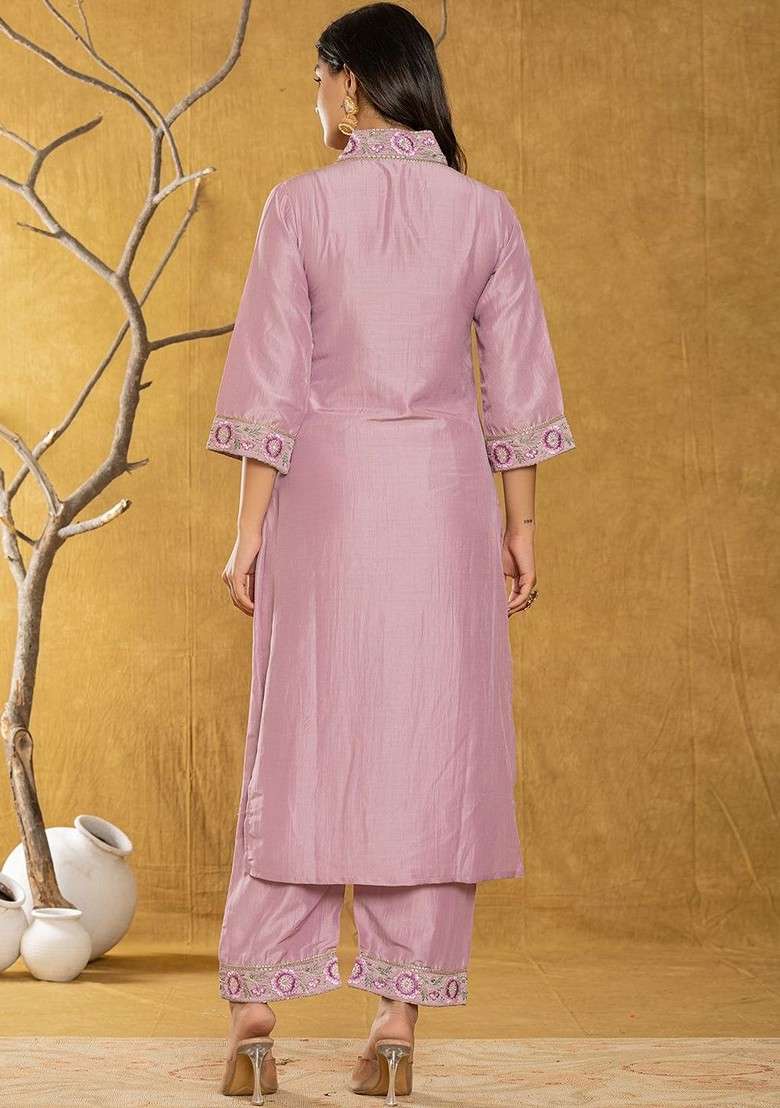 Lavender Embroidered Poly Blended Kurta Sets - Indya