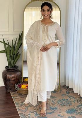 Off White Embroidered Poly Blended Kurta Sets