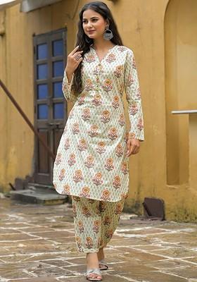Off White Embroidered Poly Blended Kurta Sets