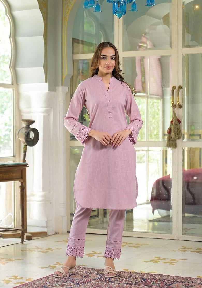 Pink Embroidered Poly Blended Kurta Sets