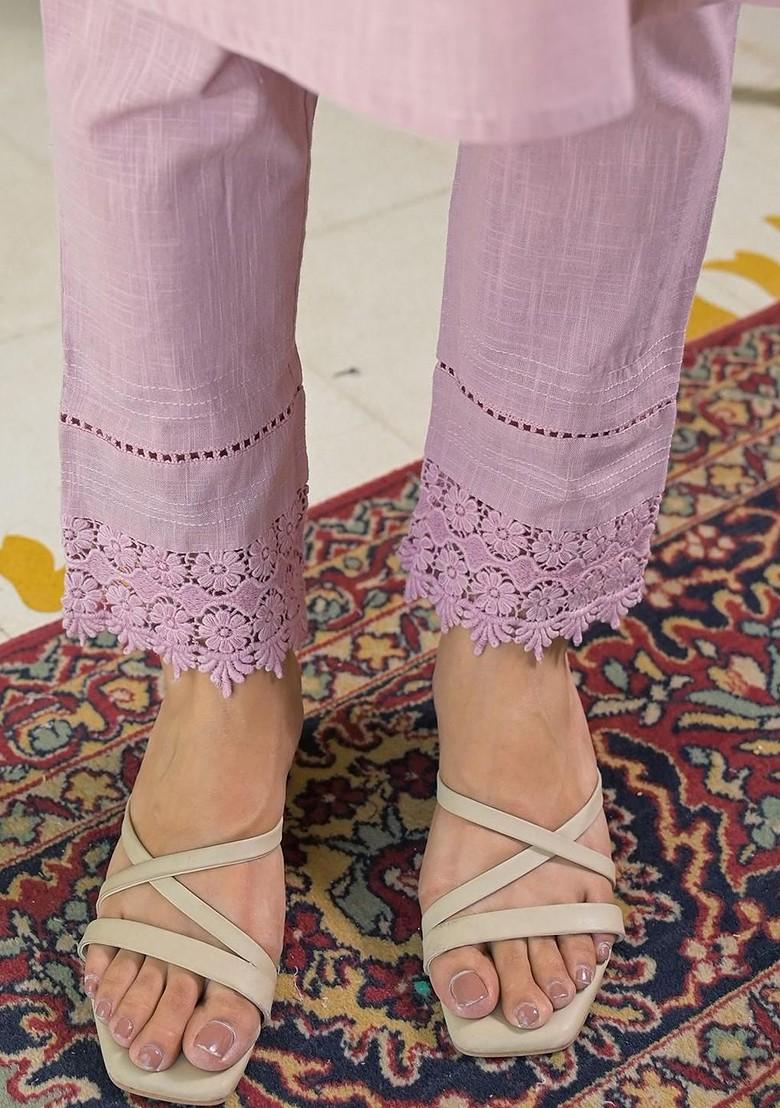 Pink Embroidered Poly Blended Kurta Sets