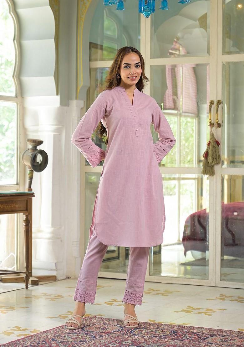 Pink Embroidered Poly Blended Kurta Sets
