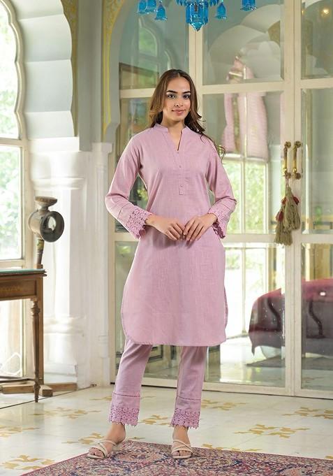 Pink Embroidered Poly Blended Kurta Sets