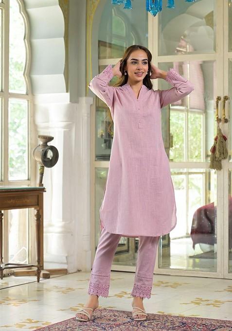 Pink Embroidered Poly Blended Kurta Sets