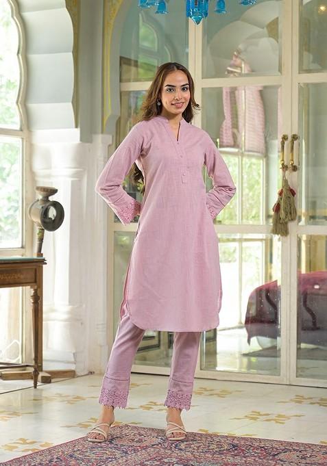 Pink Embroidered Poly Blended Kurta Sets
